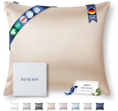 RENESSY Kissenbezug aus 100% Bio-Seide 65x65 cm - 22 Momme Maulbeerseide, Güteklasse 6A, Oeko-Tex zert. in Deutschland - Luxus für Haar und Haut, 1 Stück (Champagner)