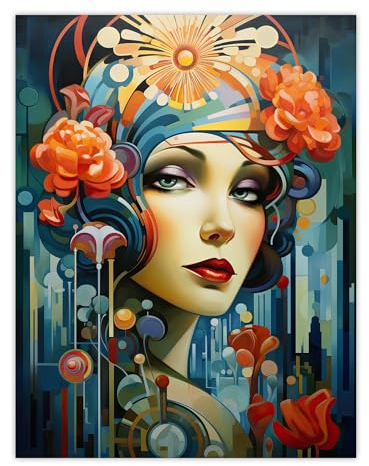 Artery8 Metropolis Art Deco Woman Portrait With Flowers Artwork Bold Bright Unframed Wall Art Print Poster Home Decor Premium