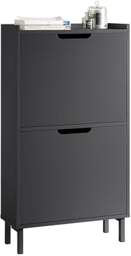 SoBuy Schuhschrank schmal mit 2 Klappen 50x90x19cm für Flur | Schuhkipper mit Metall-Füßen, geschlossenes Schuhregal für Diele & Garderobe, Schwarz FSR151-SCH