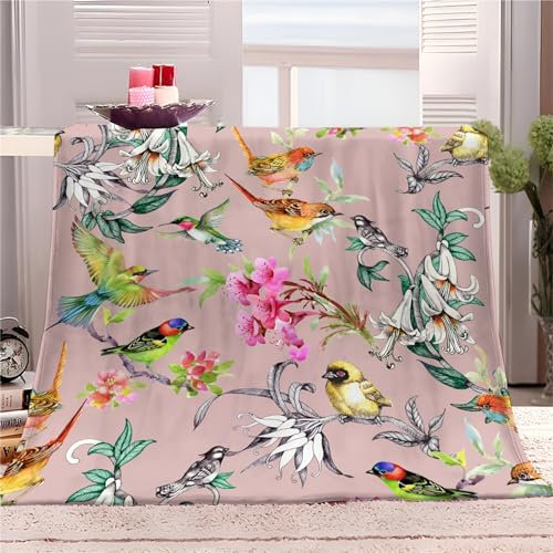 Flanelldecke Bunter Blumen- Und Vogeldruck Kuscheldecke 70x100cm, Fällt Nicht ab Fleecedecke, Soft Weiche Wohndecke Warm Rosa Flauschige Decke TV-Decke Sofadecke oder Bettüberwurf
