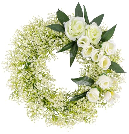BEIJIALY Blumenkranz, Haustürkranz, Frühlingskranz, Frühlingsgrünkranz mit Weißer Blume, Kleine Sommerkränze, Bauernhaus-Dekoration, Rosen-Sommerkranz für Den Außenbereich