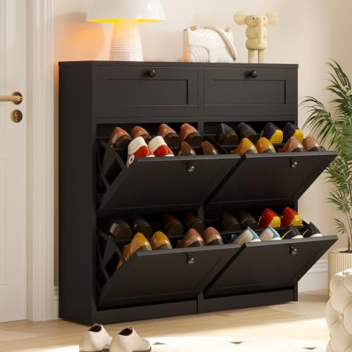 VOWNER Schuhschrank Schuhkipper Schmal Schwarz | 4 Klappen mit Verstellbarer Ablage & Anti-Kipp-Schutz für Flur, 105x24x100cm
