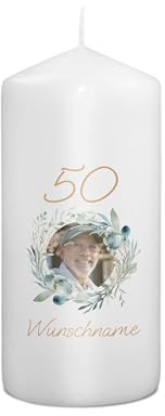 PhotoFancy® - Personalisierte Geburtstagskerze - Fotokerze mit eigenem Foto/Text bedrucken lassen - Kerze mit Geburtstags-Design: Kranz - 15 cm Höhe