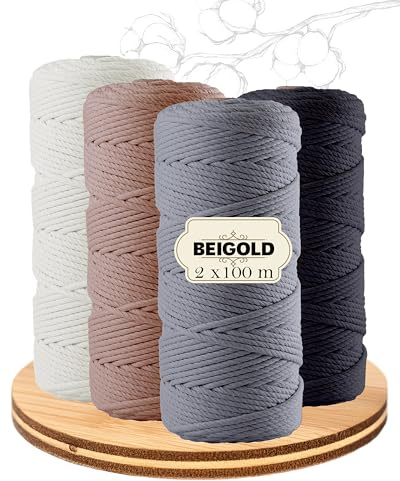 BEIGOLD® Premium Makramee Garn (3mm x 100m) - 4er Set Erde (Weiß,Braun,Grau,Schwarz)