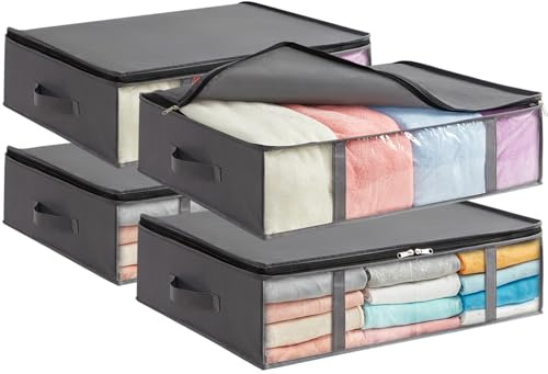 Lifewit 40L förvaring under sängen, 4-pack, vikbara förvaringspåsar för kläder med genomskinligt fönster på framsidan, garderobsorganisering och förvaring för handdukar, kläder, täcken, Grå
