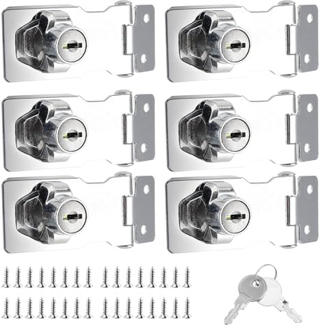 SINJEUN 6-pack 2,5 tums nyckellås och häftklamer, hänglås, skjul, silver, vridknapp, kraftig metallhasp för skåp, dörrar, fönster