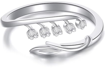 DAYLINLOVE Lily of the Valley Ring 925 Sterling Silver Adjustable Open Lily of the Valley Rings Lily of the Valley Jewelry Flower Gifts for Women