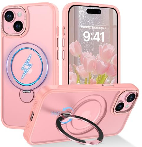 DOMAVER Magnétique Coque Four iPhone 15 6.1, avec Réglable 360° Support [Compatible avec MagSafe], Etui Protection Béquille Invisible Antichoc pour iPhone 15 - Translucide Mat Rose
