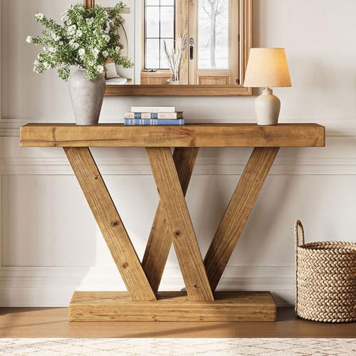 TRIBEWOOD Table Console en Bois Massif, 120 cm, Table d'appoint avec Double Base en Forme de V, pour Salon, Couloir