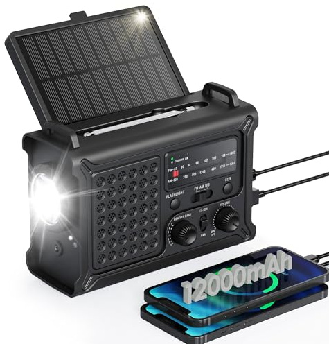 Emergency Weather Radio with Large Solar Panel, Efficient Hand Crank & Real 12000mAh Battery | AM/FM/NOAA Bands, LED Flashlight, Reading Lamp, SOS Alarm & Phone Charger for Outdoor & Emergency