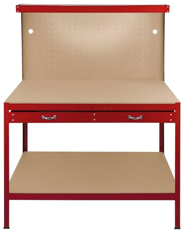 Établi de Travail 120 x 60 cm en Acier Rouge avec Tiroirs & Panneaux Perforés Capacité 370 KG LED Intégré Bricolage, Atelier, Garage Rangement Plan de Travail [40 Crochets & Maillet Inclus]