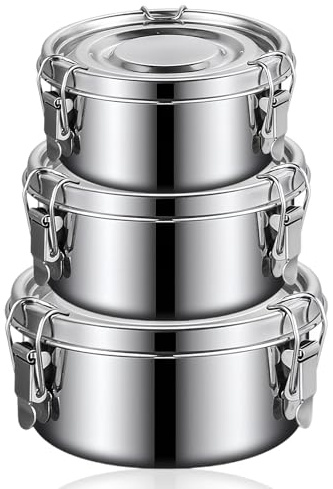BORDEAG Contenitore per il pranzo in acciaio inox, 3 pezzi, 500 ml, 1000 ml, 1500 ml, argento, ermetico, per casa, ufficio, picnic