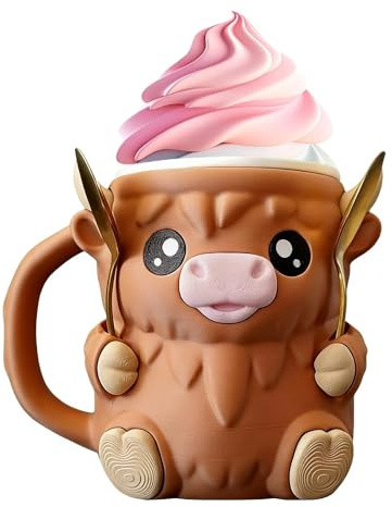 Highland Cow Ice Cream Cup Holder, 3D Reusable Ice Cream Tub Pint Holder with Snack Drawer,Spoon,Non-Slip Base, Anti-Freeze Handle,Ice-Creams Cozy Sleeve, Gift for Ice-Creams Lovers