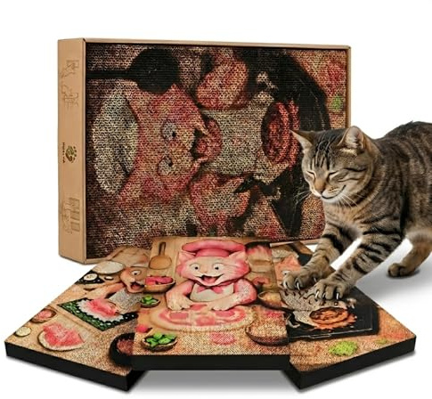 3 Piezas Rascador para Gatos de Cartón con 1 Caja Cama | Rascador de Pared y Suelo con Adhesivos | Diseño Pizza Sushi y Burger | Protector de Sofá y Muebles Resistente para Gatos Grandes y Pequeños