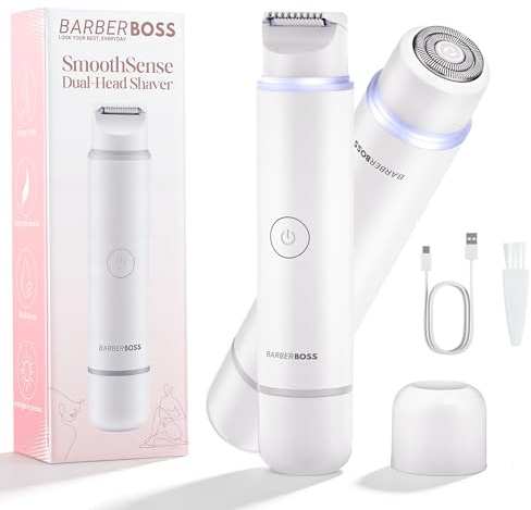 BarberBoss 2-i-1 elektrisk rakapparat för kvinnor, dubbelhuvud ansikts- och kroppsrakapparat, smart precisionsljus, kompakt dam bikinitrimmer och ansiktshårborttagningskit, QR-8201, vit