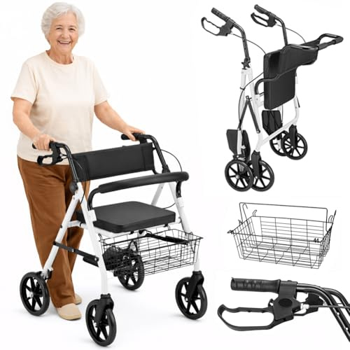 BAKAJI Deambulatore Rollator con Sedile, Ruote e Freni, Ausilio Camminata per Anziani, Disabili e Persone con Mobilità Ridotta, Struttura Ultraleggera e Pieghevole con Altezza Regolabile