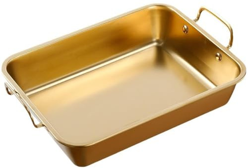 Rektangel rostfritt stål paellapanna, djup skaldjurspanna med dubbla handtag nonstick servering stekpanna obelagd stekpannor för hem kök köksredskap, guld, 25 x 30 x 6