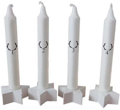 Adventskranz Kerzen Set, Weiß, 4 Stück, mit Motiv und Zahlen 1-4, Handgefertigt mit Wasserschiebefolie, optional mit Kerzenhaltern