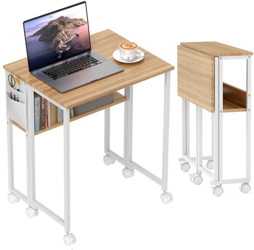 HOMCOM Scrivania Salvaspazio Pieghevole a Ribalta, 80x50x75 cm Color Legno | Scrivania Piccola con Ruote a Freno, Scaffale e Tasca Portaoggetti, Tavolo Computer Richiudibile, per Casa Studio e Ufficio
