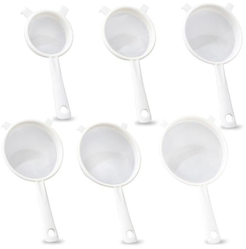 Juego de 6 coladores de cocina de plástico con asas antideslizantes, de nailon, con doble oreja, colador fino de plástico blanco, para kéfir, zumo, té, café, harina (6 tamaños)