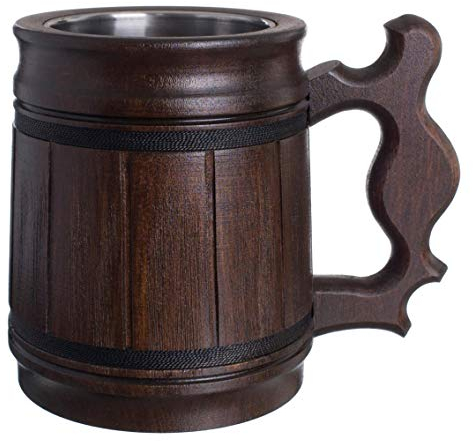 Handmade Beer Mug Oak Wood Stainless Steel Cup Natural Eco-Friendly 0.3L 10oz Classic Brown
