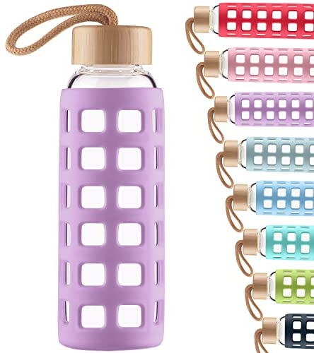 Cleesmil Sport Bouteille en Verre, Gourde Verre sans BPA avec Manchon en Silicone et Couvercle en Bambou 360 ML (Violet)