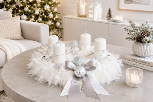 Adventskranz weiß Silber 40 cm künstlich Weihnachten Adventsgesteck Deko Federn