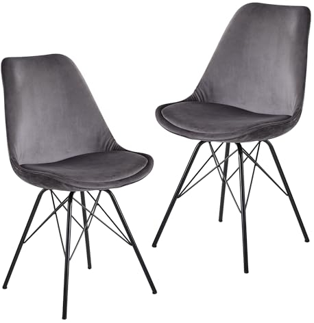 FineBuy Esszimmerstuhl 2er Set Samt Küchenstuhl mit schwarzen Beinen, Schalenstuhl Skandinavisches Design, Polsterstuhl mit Stoffbezug, Stuhl Gepolstert Grau