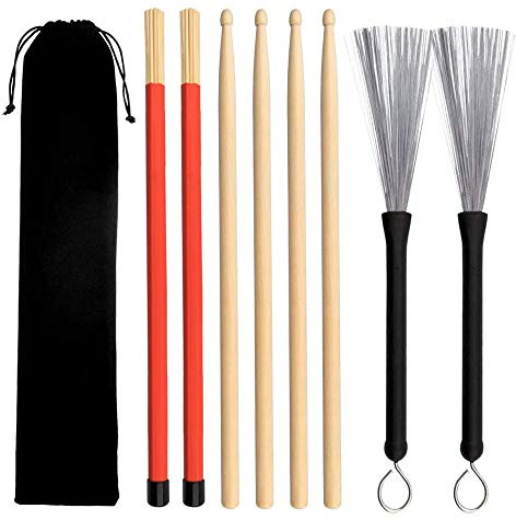 Gobesty Juego de baquetas, 2 pares de baquetas con cepillo de alambre retráctil y paquete de baquetas para batería y accesorios para bolsas impermeables