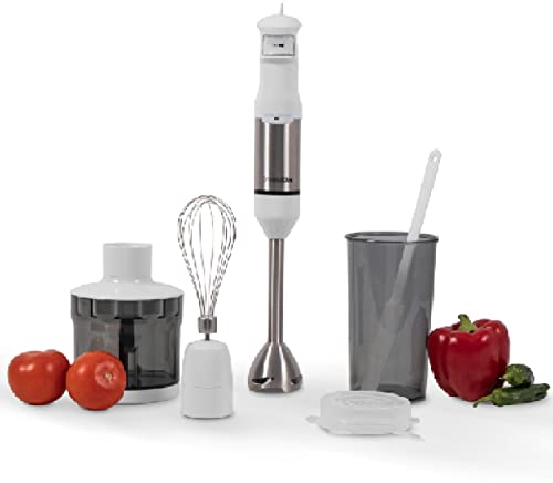 UNIVERSALBLUE Batidora de Mano Blanca 800W + Vaso 1 Litro + Picador + Varilla Batidora - Mango Eronómico con Velocidad Regulable - Cuchilla 4 hojas de Acero Inoxidable - Accesorios Aptos Lavavajillas