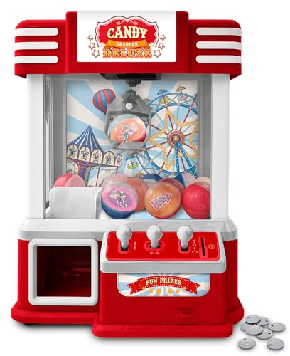 MikaMax Candy Grabber Deluxe, presa automatica per gioco e monete di ricambio, macchina per caramelle con sfere a sorpresa, presa con musica regolabile e luci a LED, funziona con USB e batterie