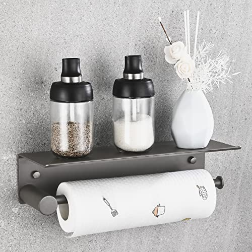 HANFU Porta Rotolo da Cucina Autoadesivo, Portarotolo da Parete Senza Forature, Alluminio con Ripiano 34cm/13.4in, Supporto di Carta per Bagno, Grigio
