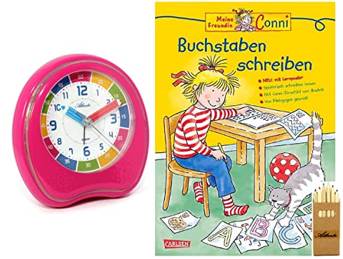 Atlanta Kinderwecker für Schulanfänger Ohne Ticken Jungen Mädchen mit Lernbuch Conni Buchstaben schreiben (Rosa)