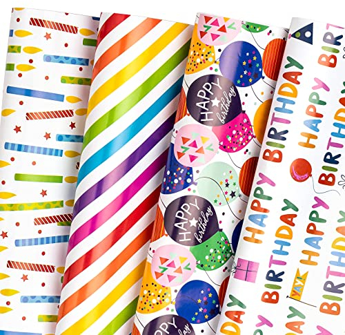 WRAPAHOLIC Geburtstags-Geschenkpapierbogen – 12 Blatt flach gefaltet mit 12 Geschenkanhängern für Party, Babyparty, 50 x 70 cm pro Bogen
