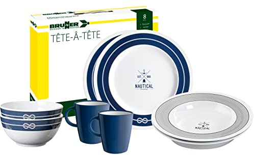 Brunner 0830143N.C8S Campinggeschirr Set für 2 Personen, Tête-À-Tête Nautical, 8-teilig