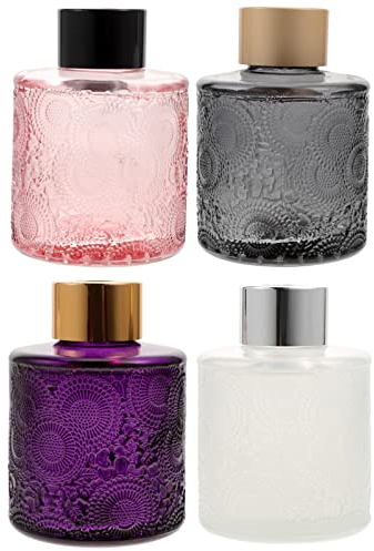 Operitacx 4 Stück Glas-Diffusorflaschen mit Kappen, nachfüllbare Diffusorflaschen, 4 Stück, 3,5 Höhe 100 ml, kleine Flaschenform, Diffusorgläser für Heimduft (weiß + rosa + grau + lila)