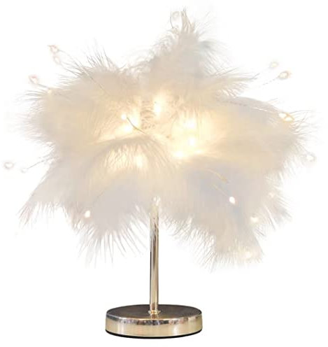 DUNMW Lampe de Chevet Créative en Plumes Blanches Avec Perles LED - Lumière de Table Décorative Feux d'Artifice Pour Chambre à Coucher