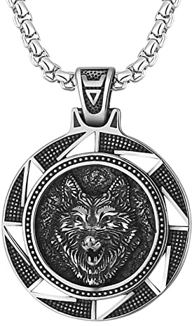 JewelryWe Collar de Hombre con Colgante Gótico de Cabeza de Lobo de Fundición Dominante Retro con Cadena de Trigo Plata 22 Pulgadas de Acero Inoxidable