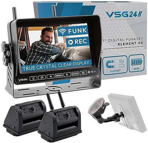 VSG24 Element HD Funk Rückfahrkamera Set – 7 Zoll HD Monitor – wetterfeste IP68 2 Akku-Magnetkameras – Splitscreen – 140° Weitwinkel – für Wohnmobil, Pferdeanhänger & Transporter