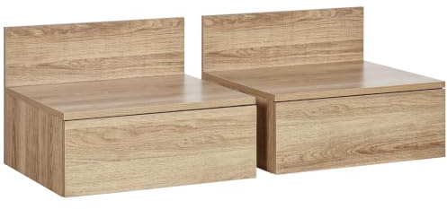 HOMCOM Juego de 2 Mesitas de Noche Flotantes Cajón 43x36,5x30,5 cm Natural | Mesillas de Noche para Dormitorio, para Habitación Salón Hogar