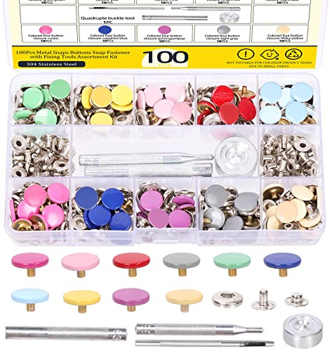 Mardatt 503Pcs Metal Snap Button Fastener Kit with Fixing Tools, Multicolored Press Studs Clothing Snaps Fasteners for Leather Sewing Clothing
