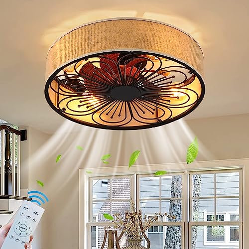 Ventilatore da soffitto con Luce E27 Retro Lampadario Ventilatore con illuminazione e Telecomando Vintage Gabbia Silenzioso Ventilatore con Paralume in Tessuto per Camera da Letto Soggiorno Cucina