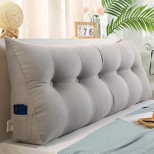 UIHECTA CojíN CuñA Triangular, Almohada De Lectura De Cabecera, Respaldo Cabecero Desmontable, CojíN Lumbar De CuñA, Refuerzo De Apoyo De Posicionamiento, para HabitacióN, DiváN,Gris,L150×W20×H50cm