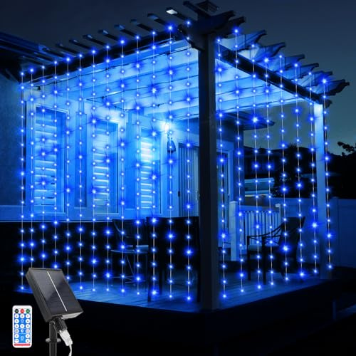 JIMACRO Solar Curtain String Lights, 3Mx3M Waterproof Curtain Lights 10 Pcs Hanging Fairy String Lights 8 Modes 300 LED Waterfall Garden Lights with Remote for Christmas Party Holiday Decorations