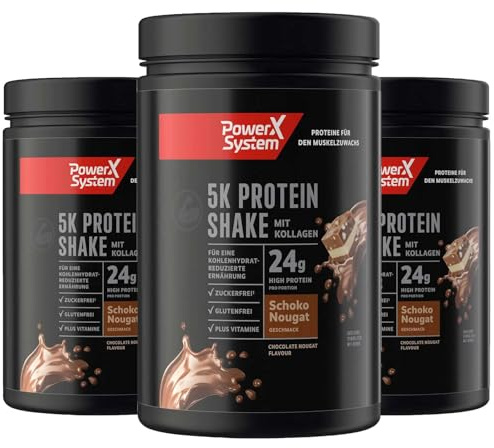 Power System 5K Protein Shake Schoko-Nougat Mehrkomponenten 3 x 360g | Eiweißpulver aus 5 Proteinquellen mit Kollagen, 24g Protein pro Portion und zuckerarm, mit 9 essenziellen Aminosäuren