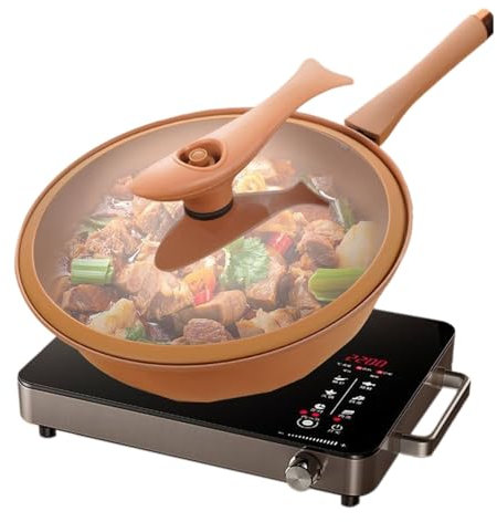 Padella antiaderente – Padella wok in ferro antiaderente | Padella wok piccola | Cottura a vapore e cottura tutto in 1 | Padella per friggere adatta a tutti i fornelli, compresa l'induzione,