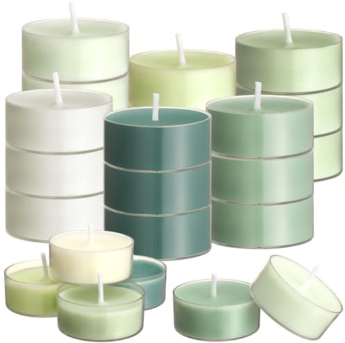 Conelist 24 Pack Colored Scented Tealight Candles Bulk Spring Easter Small Fragrance Tea Lights in Clear Cups Colored Warmer Aromatherapy Relaxing Mini Candles for Easter Holiday(Green Series)