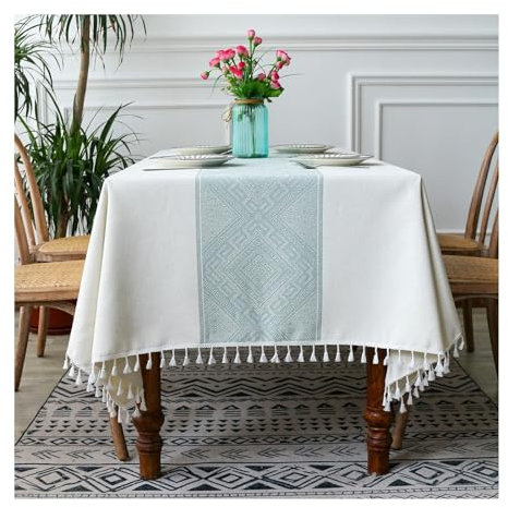 Daesar Tischtuch 140x260CM Beige Grün, Tischdecke Outdoor Wetterfest Nordisch mit Geometrie Motiv Tischdecken Abwaschbar für Draußen Party Garten