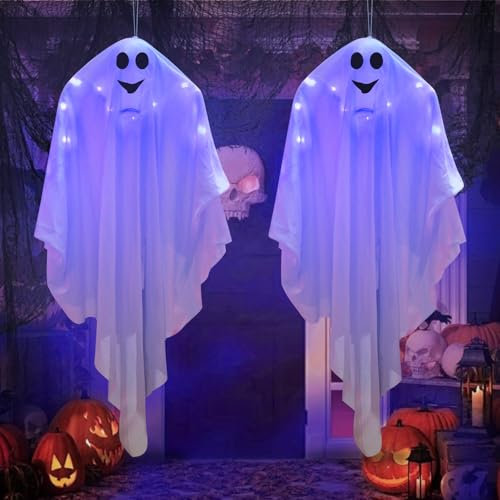 Halloween Geister, 2 Stück Hängende Gespenster Mit Lila LED Licht, Leuchtende Deko für Außen, Innen, Garten, Terrasse, Haus und Baumtür