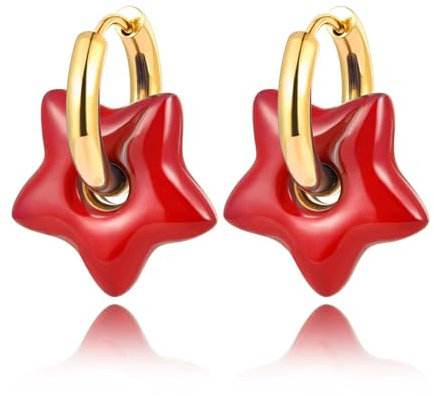 Ohrringe Ohrstecker Ohrclip Damen Frauen S925 Hoop Ohrringe Mode Accessoires Blauer Roter Stern, Bohemia Summer E23065G-Rot